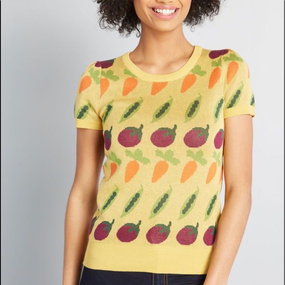 ModCloth Yellow Short-Sleeve Vegetable Pattern Sweater - Picture 11 of 11